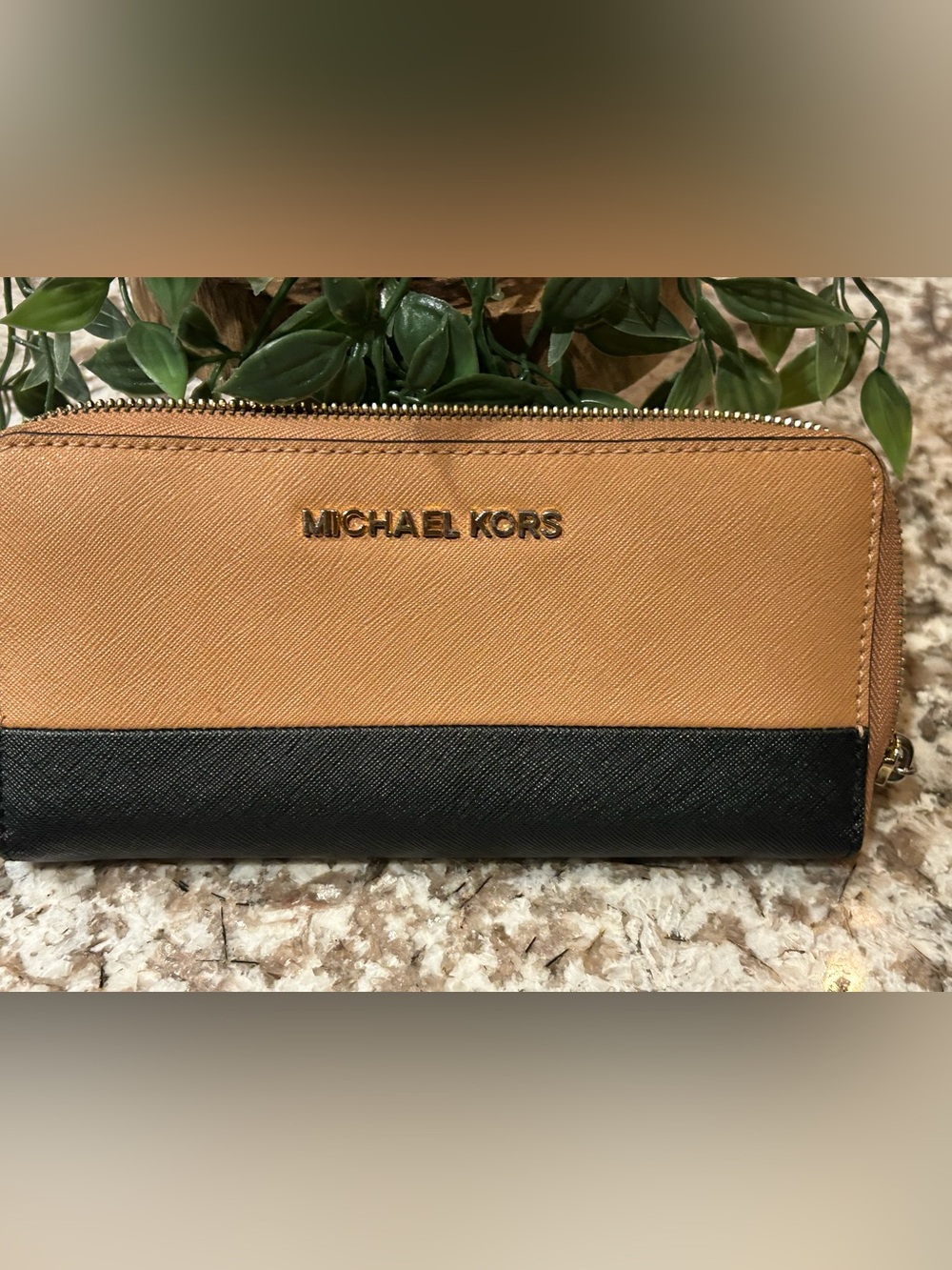 MICHAEL KORS Saddle Brown Logo Zip Card Wallet